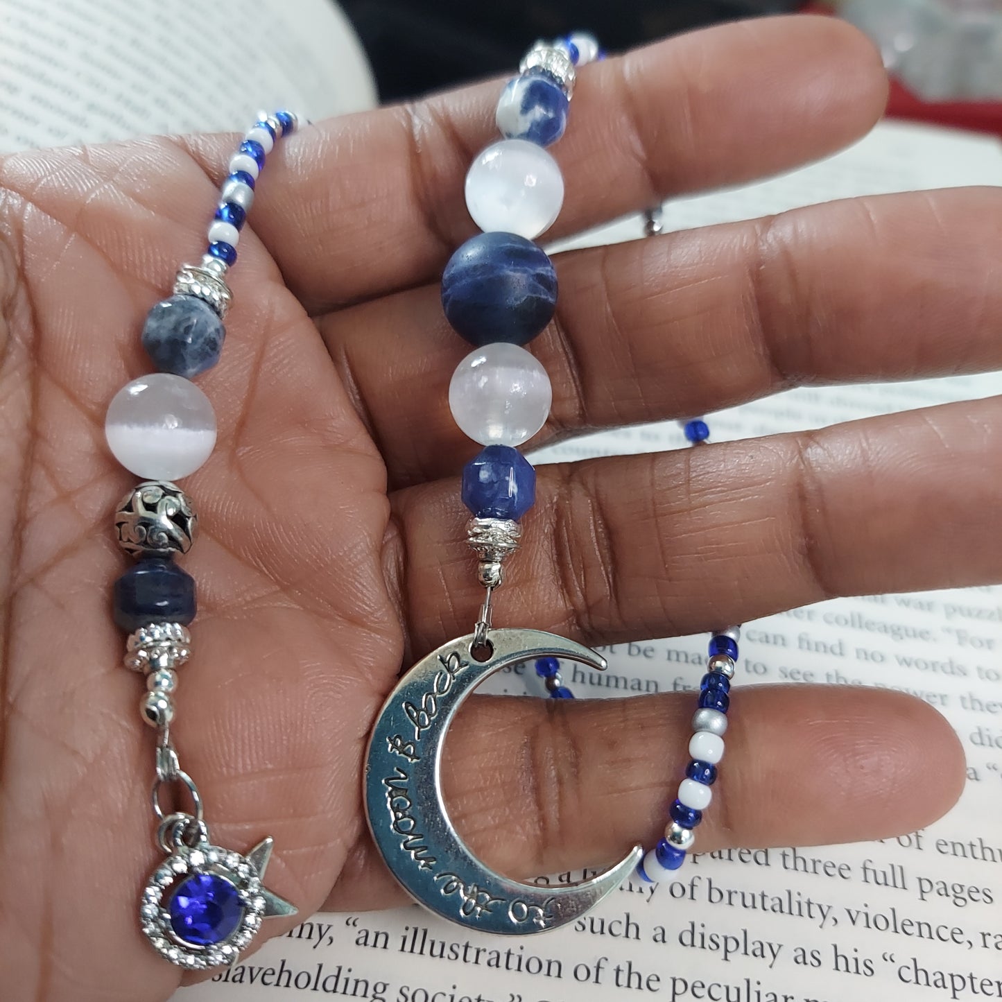 Blue Crescent Moon Bookmark, Book Charm, Book Jewelry, Book Thong