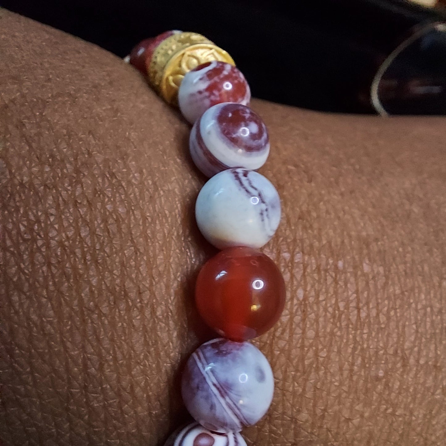 Red Fire Agate Stretch Bracelet with Gold-plated Drum Spacer