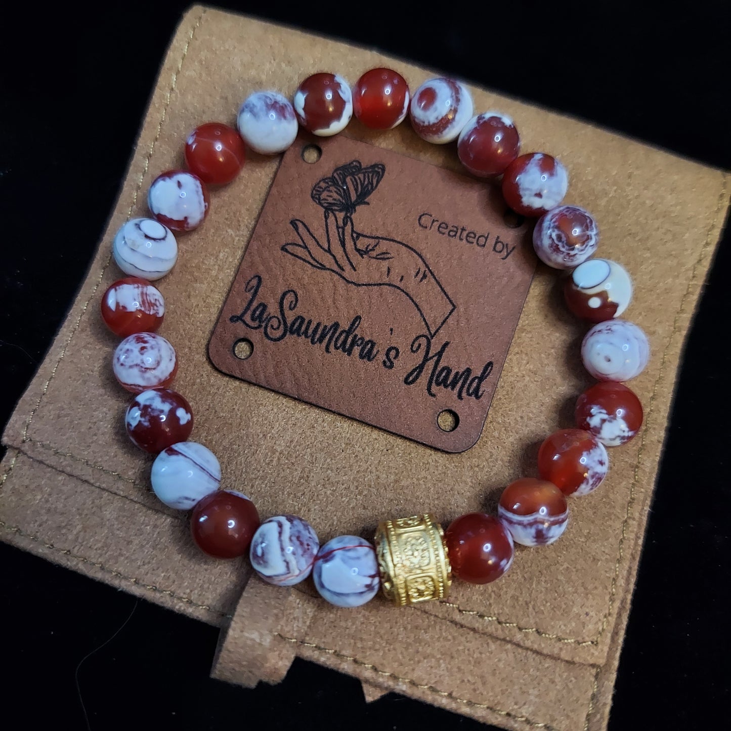 Red Fire Agate Stretch Bracelet with Gold-plated Drum Spacer