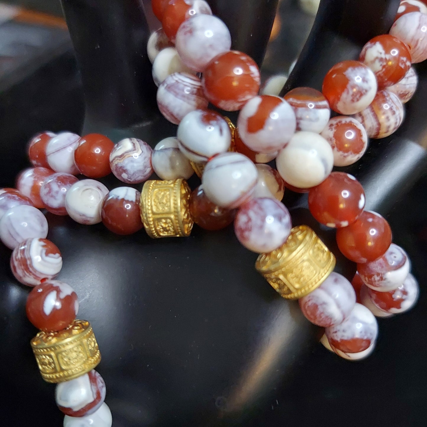 Red Fire Agate Stretch Bracelet with Gold-plated Drum Spacer