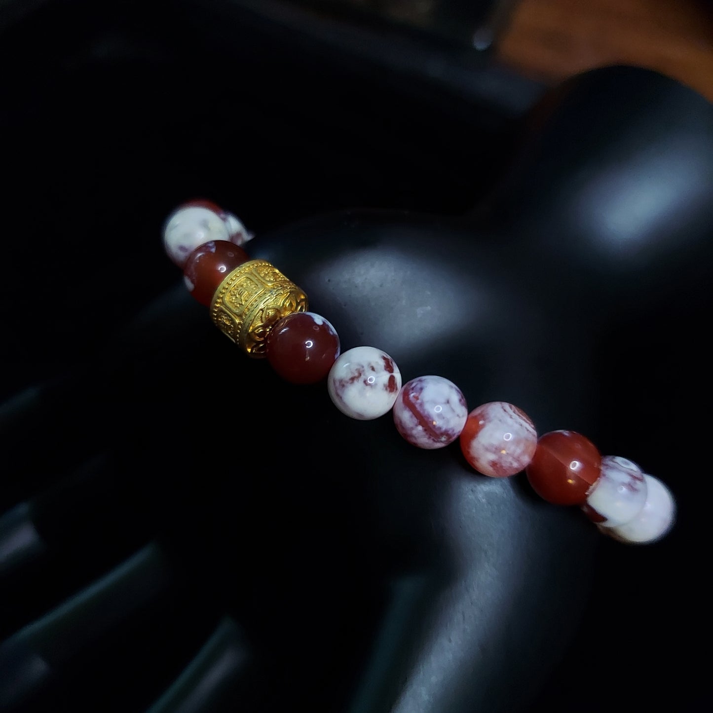 Red Fire Agate Stretch Bracelet with Gold-plated Drum Spacer
