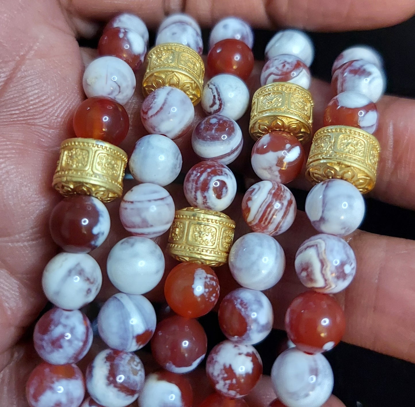 Red Fire Agate Stretch Bracelet with Gold-plated Drum Spacer