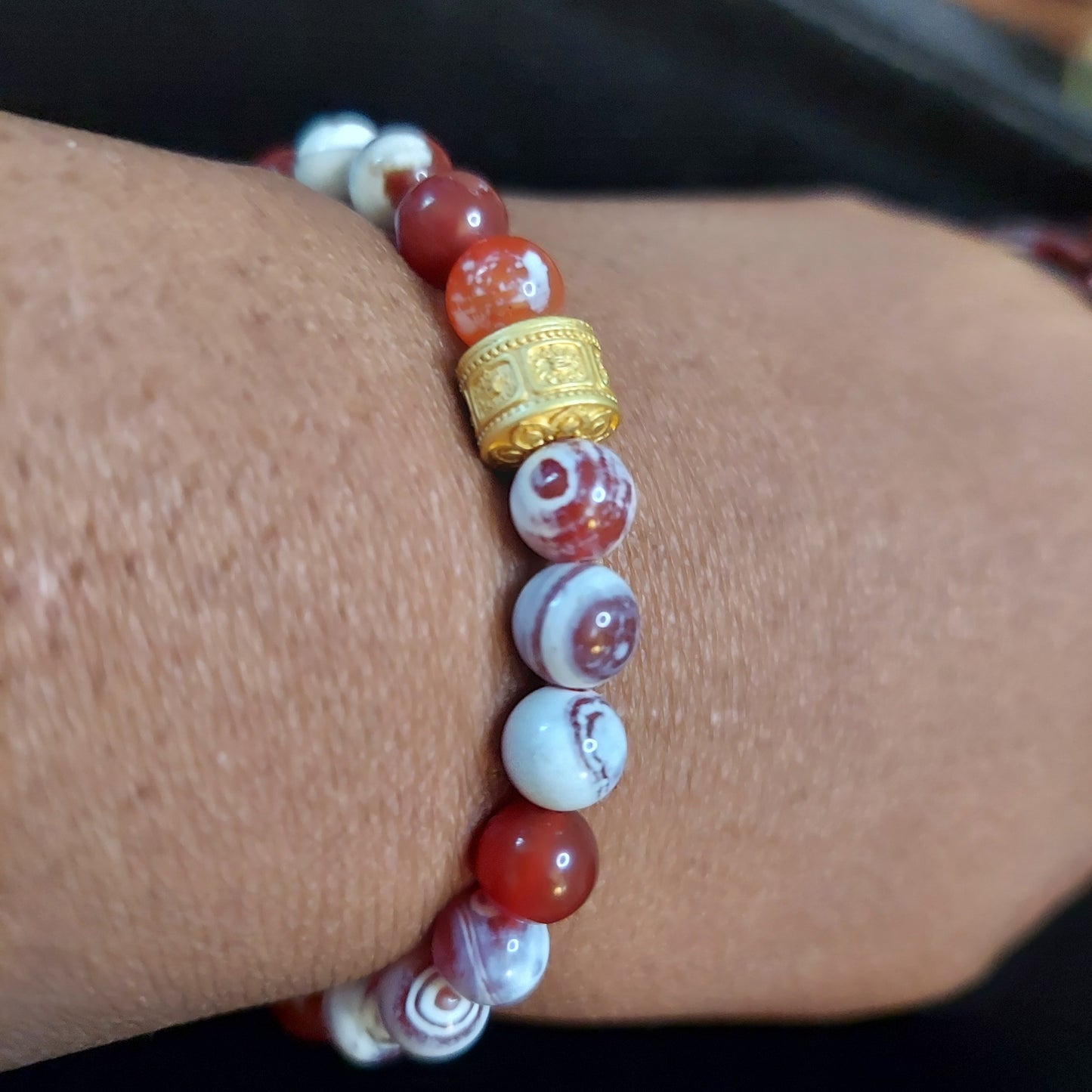 Red Fire Agate Stretch Bracelet with Gold-plated Drum Spacer