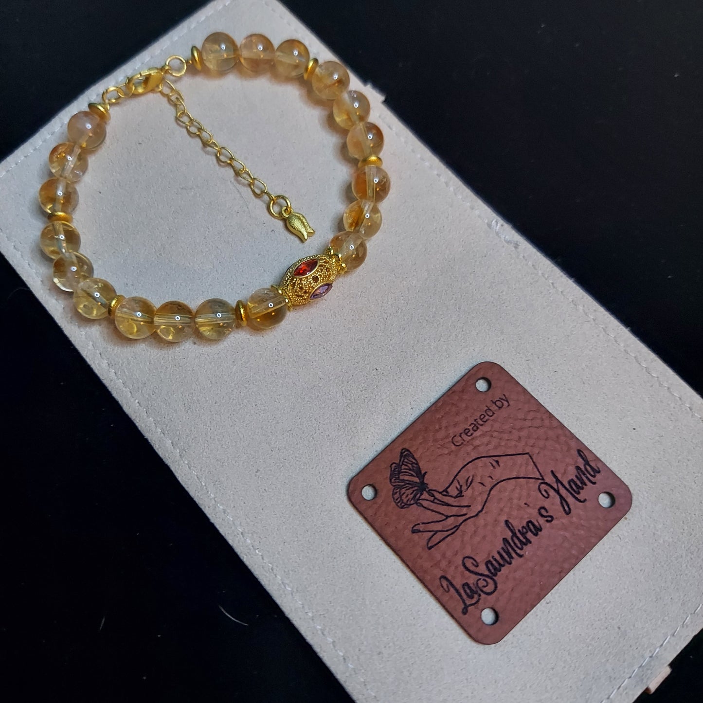 Citrine Crystal Adjustable Bracelet with Decorative Filagree and Zircon Charm Spacer